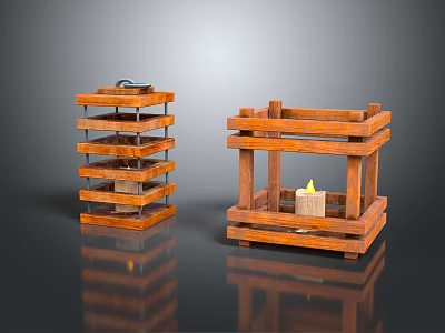 Two Wooden Candle Lanterns With Layered Structure Featuring Lit Candle Design 3d model