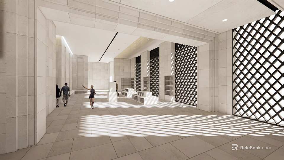 Modern Exhibition Hall Interior With Spacious Layout And Geometric Wall Designs 3d model 