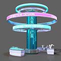 Futuristic Exhibition Design Display With Circular Glowing Rings Blue Pillar And Platforms