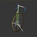 Green Vintage Bicycle With Brown Seat Yellow Rims And Blue White Handlebar On Gray Background