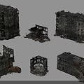 Fire Damaged Ruined Architectural Components With Broken Walls And Collapsed Frames 3d model