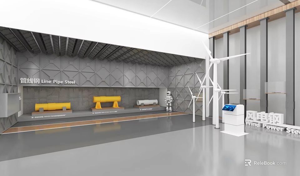 Exhibition Hall Interior With Wind Turbine Models White Display Stand Yellow Benches And Digital Screen 3d model 