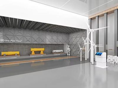 Exhibition Hall Interior With Wind Turbine Models White Display Stand Yellow Benches And Digital Screen 3d model