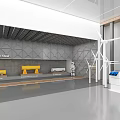 Exhibition Hall Interior With Wind Turbine Models White Display Stand Yellow Benches And Digital Screen