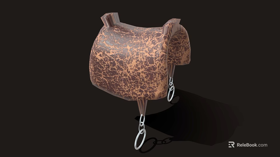 Detailed Brown Leather Saddle With Cracked Texture And Metal Ring Chain 3d model 