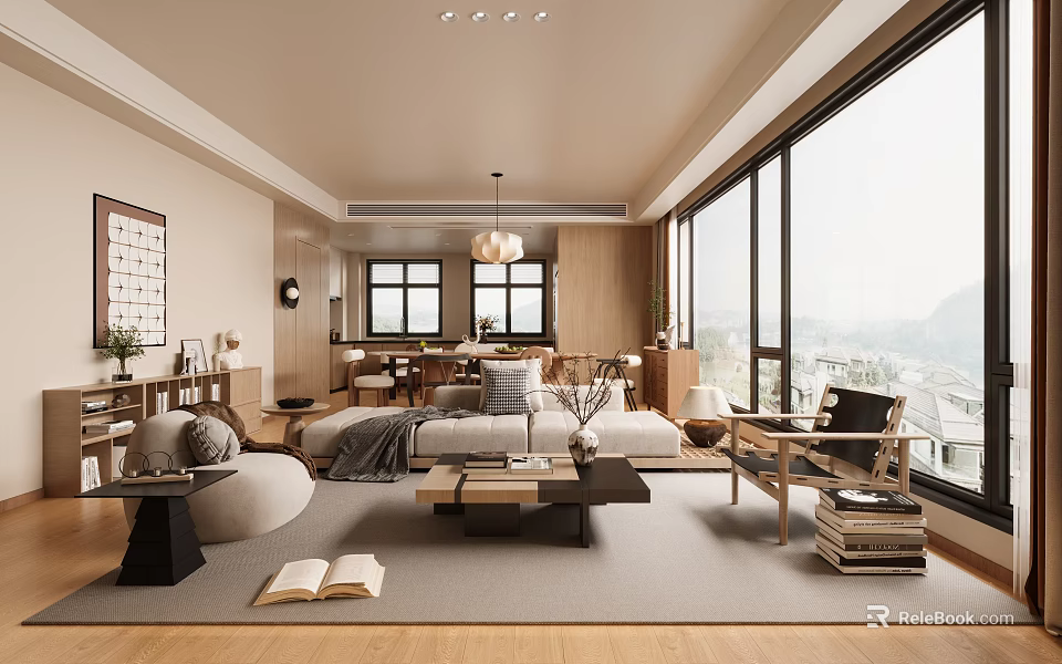 Modern Minimalist Living Dining Room Interior With Large Windows Wooden Furniture And Natural Light 3d model 