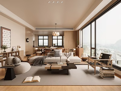 Modern Minimalist Living Dining Room Interior With Large Windows Wooden Furniture And Natural Light 3d model