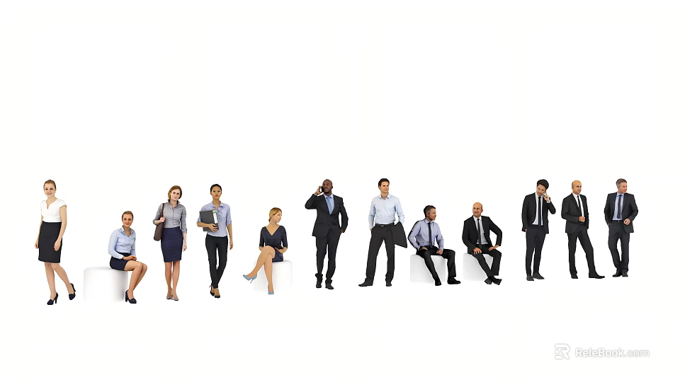 Group of Business People in Formal Attire Standing and Sitting on White Background 3d model 