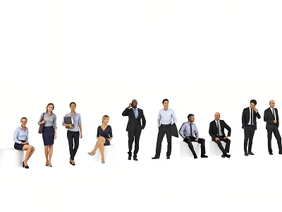 Group of Business People in Formal Attire Standing and Sitting on White Background 3d model