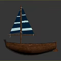 Wooden Sailboat Featuring Blue And White Striped Sail Wooden Hull And Seats