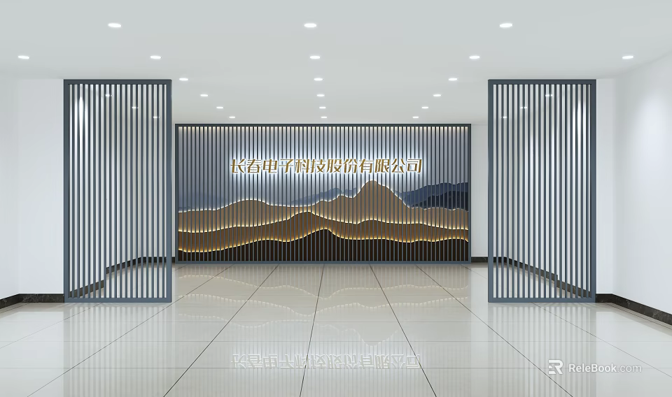 Modern Illuminated Decorative Screen With Striped Design And Mountain Pattern In Lobby 3d model
