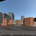 Modern School Buildings With Red Brown Exteriors Circular Structures And Paved Campus Square