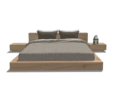 Modern Wooden Double Bed With Bedside Tables Pillows And Gray Sheets 3d model