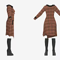 Brown Plaid Dress With Black Collar Cuffs Pockets And Long Sleeves Design