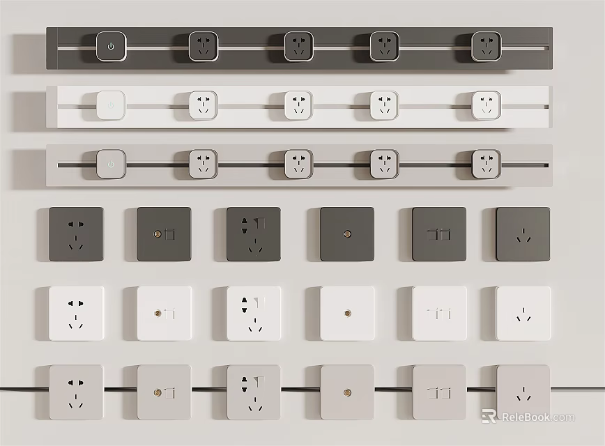 White and Gray Switch Panels with Various Socket and Switch Designs for Home Use 3d model 