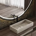 Wooden Vanity with Two Round Mirrors with Light Strips and Marble Countertop on Textured Wall