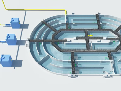 Multi Level Circular Industrial Facility With Blue Equipment And Yellow Pipelines 3d model