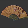 Decorative Hanging Fan with Plum Blossom Design on Yellow Surface Green Ribs