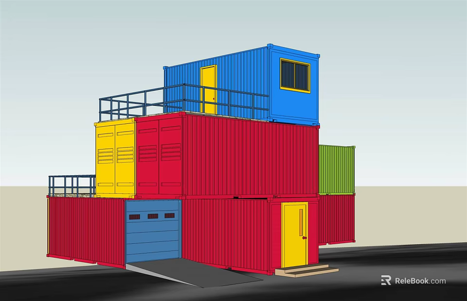 Colorful Container Stacked Detached House With Balcony Garage Door And Modern Design 3d model 