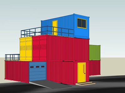 Colorful Container Stacked Detached House With Balcony Garage Door And Modern Design 3d model