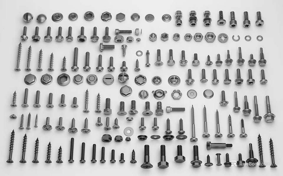 Assorted Hardware Tools Collection With Screws Bolts Nuts Washers And Metal Fasteners 3d model 