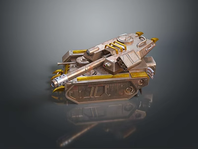 Detailed Golden Tank Model with Cannon Tracks and Metallic Armor on Reflective Surface 3d model