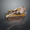 Detailed Golden Tank Model with Cannon Tracks and Metallic Armor on Reflective Surface
