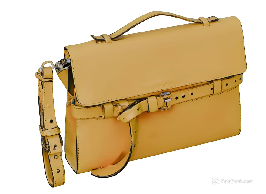 Stylish Yellow Leather Bag With Flap Design Adjustable Strap And Buckle Detail Top Handle 3d model 