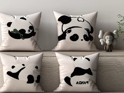 Adorable Panda Pattern Throw Pillows Featuring Holding Leaf Wearing Hat Lying Pose And ACHAK Text 3d model