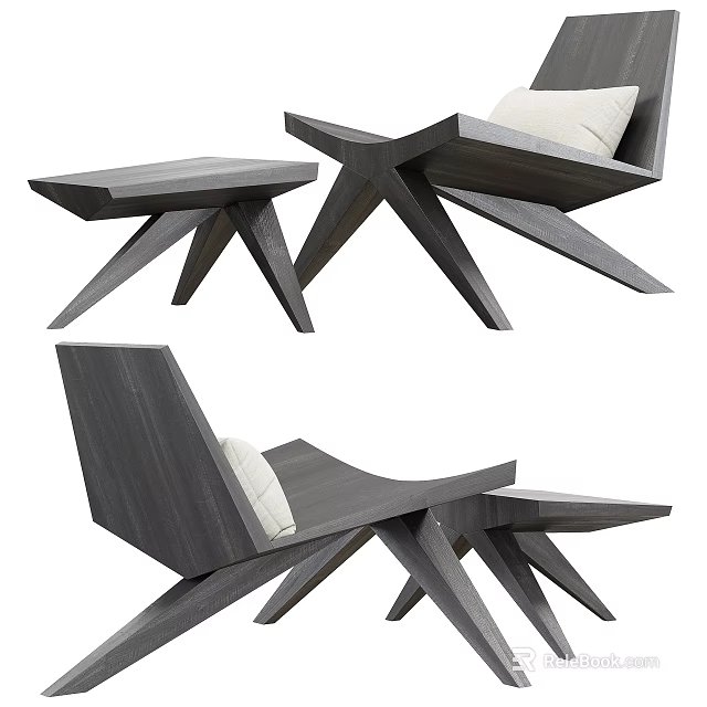 Modern Wooden Accent Chair With Geometric Legs And White Cushion Ottoman 3d model 
