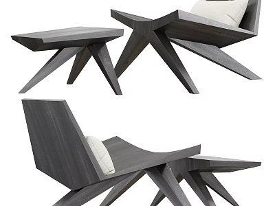 Modern Wooden Accent Chair With Geometric Legs And White Cushion Ottoman 3d model