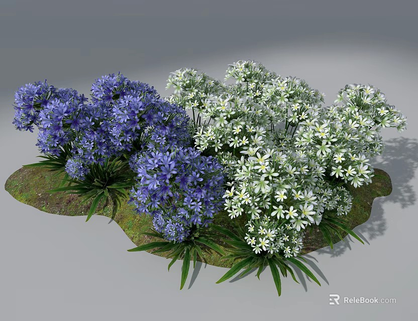 Purple And White Flowers Growing On Green Mossy Grass With Green Leaves 3d model 