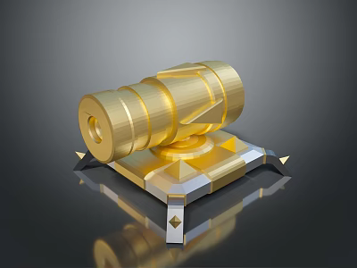 Golden Weapon with Cannon Barrel Design on Decorative Shiny Base and Detailed Metallic Structure 3d model