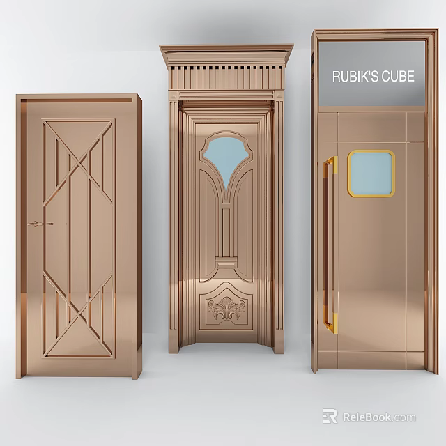 Elegant Metallic Hinged Doors With Geometric Patterns Carved Details And Glass Panels 3d model 