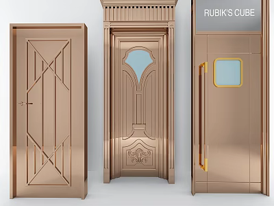 Elegant Metallic Hinged Doors With Geometric Patterns Carved Details And Glass Panels 3d model