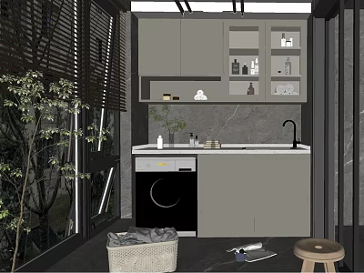 Modern Gray Bathroom Cabinet With Storage Countertop Faucet And Upper Cabinets 3d model