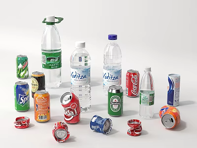 Diverse Beverage Assortment With Carbonated Drinks Bottled Water Branded Cans Bottles And Pull Tabs 3d model