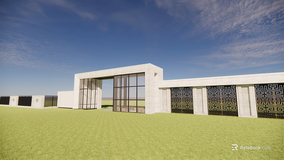Modern Entrance Gate Featuring Glass Panels White Building Structure On Green Lawn With Blue Sky 3d model 