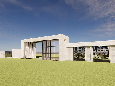 Modern Entrance Gate Featuring Glass Panels White Building Structure On Green Lawn With Blue Sky 3d model