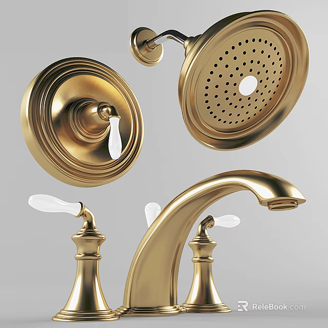 Elegant Gold Bathroom Faucet with Ceramic White Knobs and Round Showerhead 3d model 
