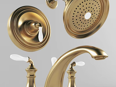 Elegant Gold Bathroom Faucet with Ceramic White Knobs and Round Showerhead 3d model