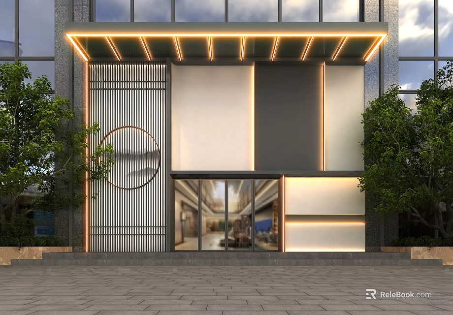 Modern Storefront Design With Glass Door Lighting Strips And Green Plants 3d model 