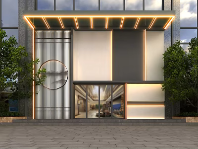 Modern Storefront Design With Glass Door Lighting Strips And Green Plants 3d model