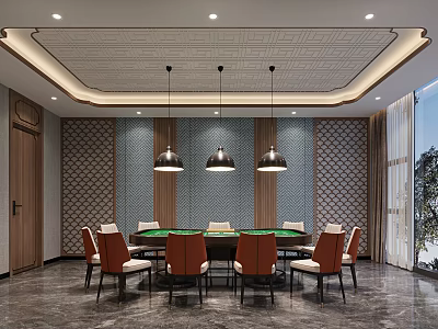 Modern Hotel Mahjong Room With Green Table Brown Chairs Pendant Lights And Geometric Wall Decor 3d model