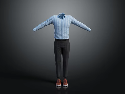Men's Blue Striped Shirt With Dark Striped Trousers And Red Shoes Fashion Outfit 3d model