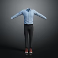 Men's Blue Striped Shirt With Dark Striped Trousers And Red Shoes Fashion Outfit