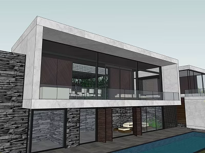 Modern Detached Villa With Large Glass Windows Stone Wall And Swimming Pool 3d model