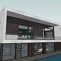 Modern Detached Villa With Large Glass Windows Stone Wall And Swimming Pool