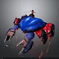 Giant Blue Shell Crab With Red Gray Legs And Person In Red Clothing Holding Sword