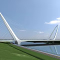 Modern Cable Stayed Landscape Bridge Spanning Calm Water With White Pylons And Blue Sky Reflection